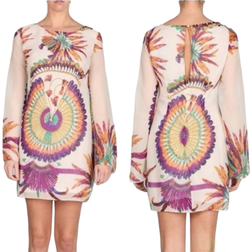 Ark & CO long bell sleeve feather print dress, EUC, size Small